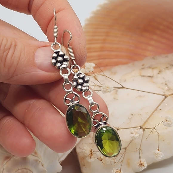 Natural Peridot Stones Silver 925 Earrings - Picture 12 of 12